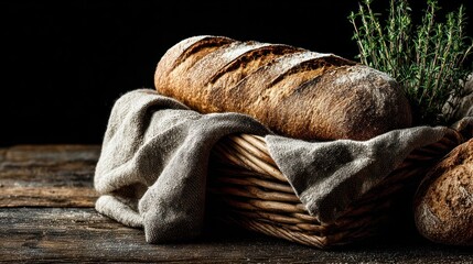 Freshly baked artisan bread in rustic basket cozy kitchen setting food photography warm atmosphere