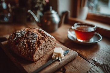 Savor the comfort of freshly baked bread with butter and tea in a cozy rustic setting a homely food experience