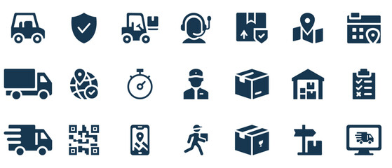 Comprehensive Collection of Modern Logistics and Delivery Icons Set for Transportation, Warehouse Management, and E-commerce Services