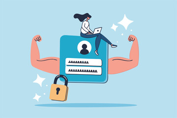 Strong password, security, safety or protection strength, firewall technology, privacy or digital defense system, secure access concept, businesswoman working with computer strong password protection.