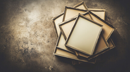 Vintage frames on aged cardboard, warm sepia tones, nostalgic arrangement evoking timeless memories