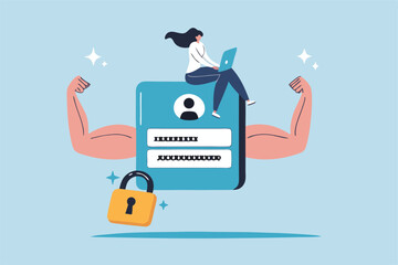 Strong password, security, safety or protection strength, firewall technology, privacy or digital defense system, secure access concept, businesswoman working with computer strong password protection.