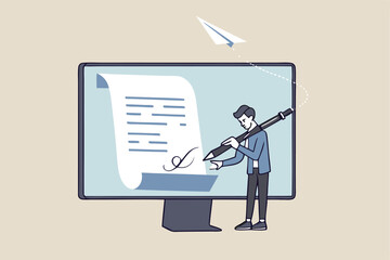 Digital signature or electronic agreement contact, online document signing, internet transaction identity, certified handwriting application concept, businessman signing digital signature on computer.