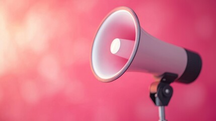 A white megaphone with a pink background, emitting a loud sound.
