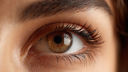 Close up of a woman’s brown eye with natural detail, sharp iris, and clear eyelashes, showing beauty, vision, and human emotion in a realistic portrait style.