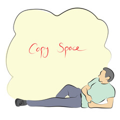 young man reclining on the ground with yellow copy space illustration vector hand drawn with black lines isolated on white background.