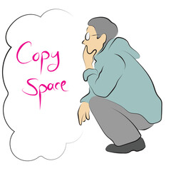 man with eyeglasses sitting and thinking in front of bubble blank space illustration vector hand drawn with black lines isolated on white background.