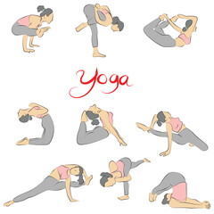 Set of woman in yoga poses stretching illustration vector hand drawn with black lines isolated on white background.