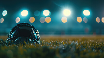 American football helmet lying on green field with cleat marks, ready for next play. Sports equipment, athletic competition, team spirit and determination in professional game.