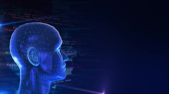 Futuristic ai head connected data network, human mind, concept of technology, science innovation, intelligence. 5g high speed internet connection Big data analysis process background. cyberspace 3D 4K