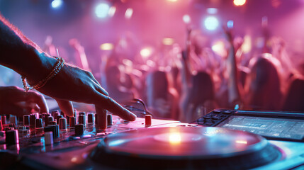 Close up of DJ hands adjusting turntable and mixer, vibrant nightlife atmosphere, music performance concept, professional sound equipment for party and club events.