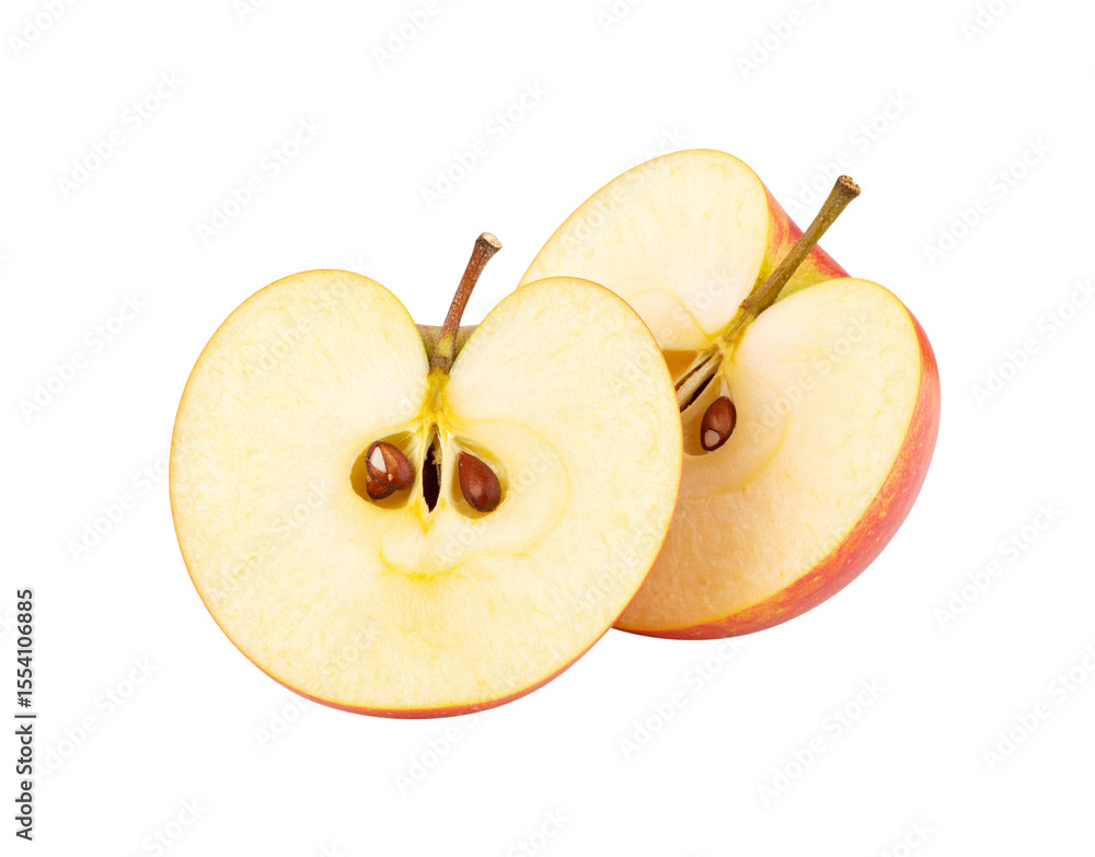 Poster two sliced red apples with seeds and stems closeup view.