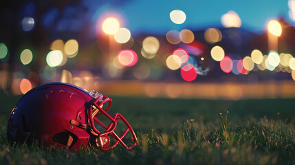 American football helmet lying on green field with cleat marks, ready for next play. Sports equipment, athletic competition, team spirit and determination in professional game.