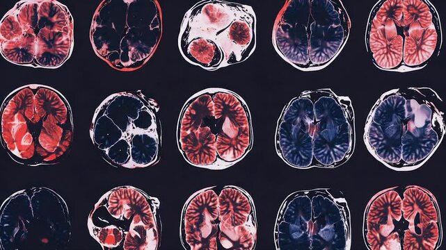 MRI scans showing various brain cross-sections, highlighting potential abnormalities