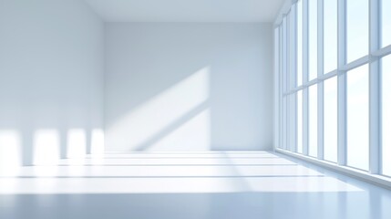 A spacious, minimalist office with large windows and a clean, white interior.