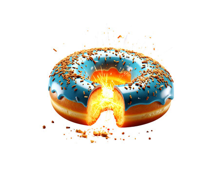 Exploding Donut with Blue Icing and Sprinkles Bursting with Light.