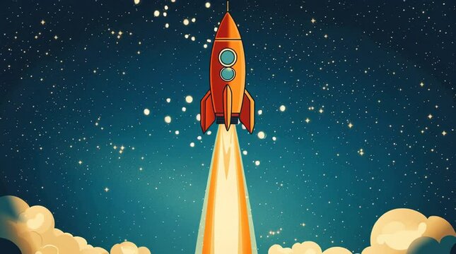 Blast Off to New Horizons: A vintage-style rocket soars skyward, leaving a trail of fire against a canvas of stars, depicting an ambitious journey into space, full of exploration and discovery.