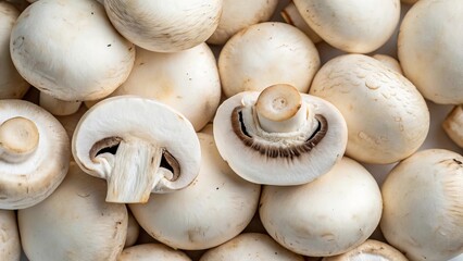 Fresh mushroom champignons background. Suitable for marketing or business purposes. Panoramic banner with place for text