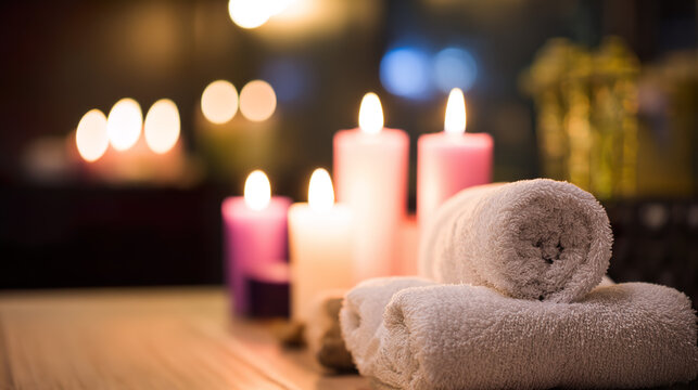 Serene spa retreat with scented candles and towels - a tranquil escape for wellness and relaxation - Powered by Adobe
