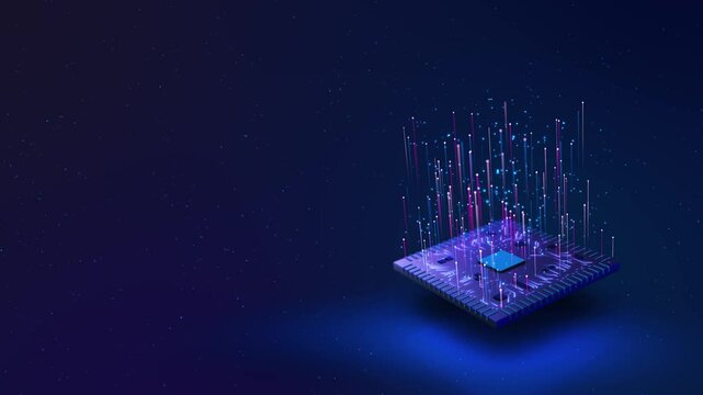 ai artificial intelligence computer processor chip circuit CPU isometric Digital chip cyberpunk cyberspace lighting. technology Machine learning. AI big data science virtual reality, Quantum computer