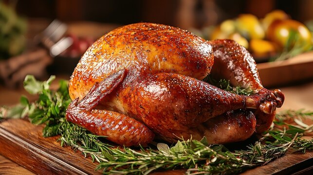 A roasted turkey garnished with herbs and served on a wooden cutting board.