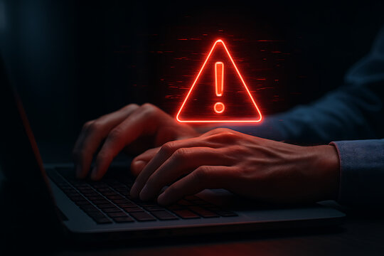 Cyber Security Alert: Man Typing on Laptop with Warning Sign - Powered by Adobe