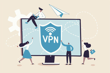 VPN virtual private network, security protection for internet access, technology or firewall encryption to protect computer network, safety or privacy, business people with VPN shield and computer.