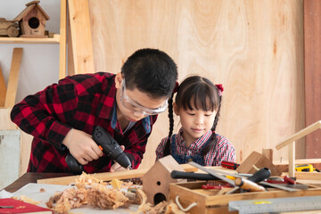 brother and sister working together on wooden project, expressing strong connection, education, and...