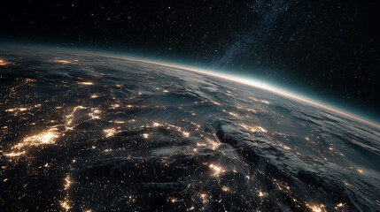 Obraz premium Earth at night seen from space, glowing city lights illuminate continents, highlighting human activity, urban areas, and planet’s vibrant nighttime beauty.