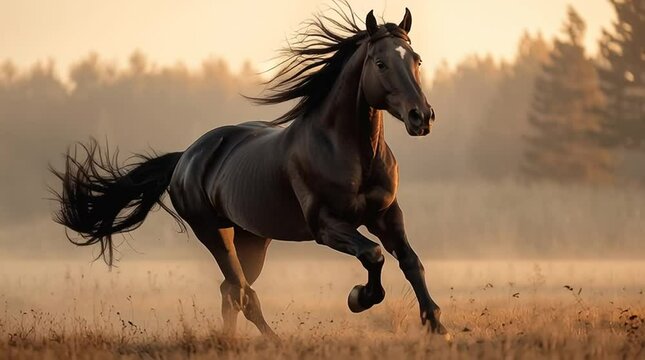 Majestic Black Stallion at Dawn: A powerful black stallion with a flowing mane and tail gallops across a misty field at dawn, sunlight illuminating its coat.