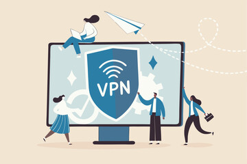 VPN virtual private network, security protection for internet access, technology or firewall encryption to protect computer network, safety or privacy, business people with VPN shield and computer.