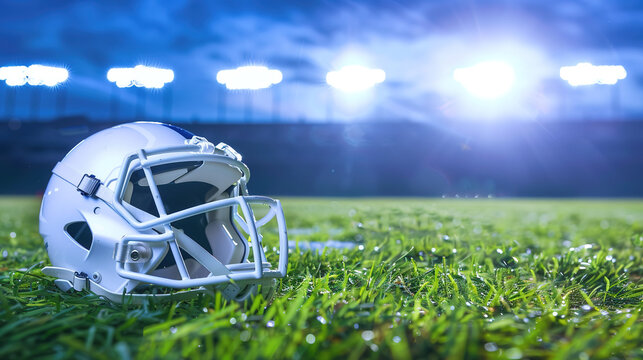 American football helmet lying on green field with cleat marks, ready for next play. Sports equipment, athletic competition, team spirit and determination in professional game.