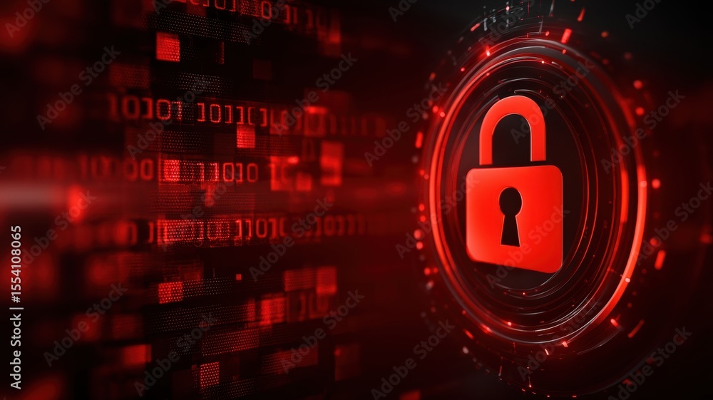 Poster information online privacy protection. digital padlock on a red cyber background with binary code el