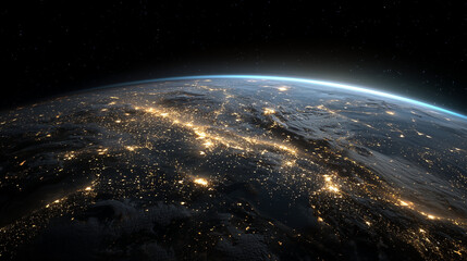 Fototapeta premium Earth at night seen from space, glowing city lights illuminate continents, highlighting human activity, urban areas, and planet’s vibrant nighttime beauty.