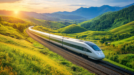 A sleek high-speed maglev train running through a lush green valley, emitting no pollution and powered by renewable energy