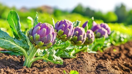 Close-up view of vibrant artichoke rows in rich soil, highlighting peak harvest in an organic farm setting