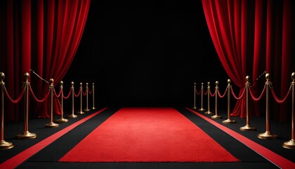 Elegant red carpet and velvet curtains create a sense of premiere prestige and expectation.
