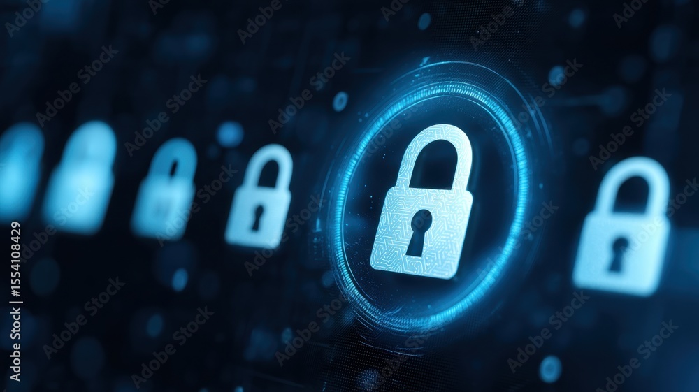 Poster information online privacy protection. digital locks symbolizing cybersecurity and data protection c