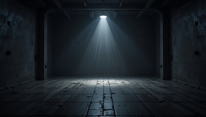 A single light illuminates a dark, industrial room with a sense of foreboding and isolation.