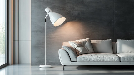 A sleek industrial-style floor lamp with a white and glass shade enhances both retro and futuristic interiors