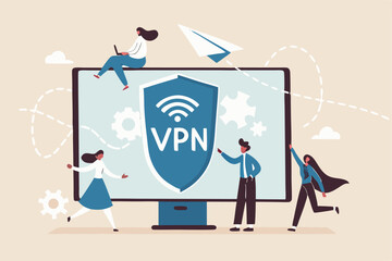 VPN virtual private network, security protection for internet access, technology or firewall encryption to protect computer network, safety or privacy, business people with VPN shield and computer.