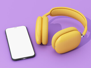 Yellow wireless headphones and smartphone on vibrant purple background. Concept of digital music streaming and modern audio lifestyle. 3d rendering.