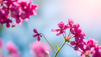 Vibrant pink geranium flowers bloom against a soft, dreamy sky, evoking a sense of serenity.