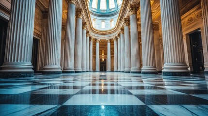 A grand, ornate hall with marble columns and a dome ceiling, featuring a checkered floor and a grand staircase.