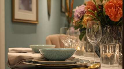 Elegant English dining tables styled with flickering candlelight, floral centrepieces, crystal glassware and richly layered plates, capturing the warmth of evening gatherings at home, wedding or event