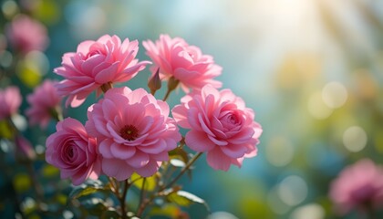 Fototapeta premium A cluster of pink roses blossom in soft sunlight, creating a serene and romantic floral display.