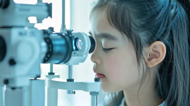 Child Eye Exam: A young girl's eye is being examined with a slit lamp. The image evokes a sense of care and medical examination