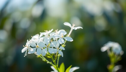Delicate white flowers cluster on a vibrant green stem, basking in soft, natural sunlight.