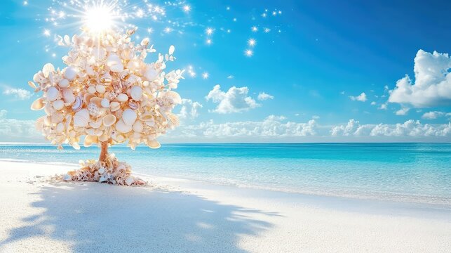 Holiday spirit meets ocean serenity: seashell tree against a white beach and calm turquoise sea under blue skies