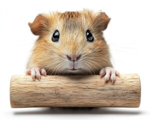 Fototapeta premium Adorable small hamster holding a wooden stick, showcasing its playful nature
